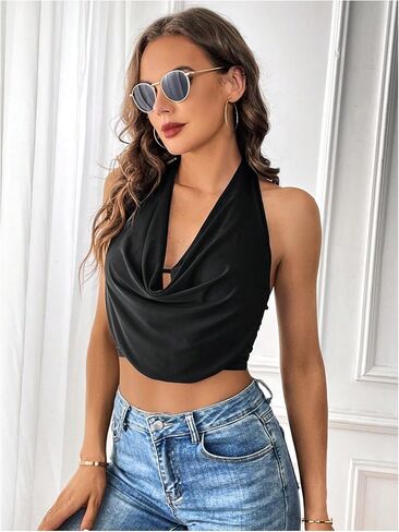 SOLY HUX Women's Halter Draped Front Tank Top Sexy Backless Going Out Crop Vest Tops in Saudi Arabia