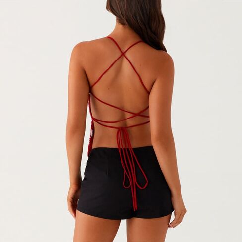 النساء متكررات Cami Top V الرقبة Backless Criss Cross Straps Tops Summer Out Out Clubwear in Kuwait