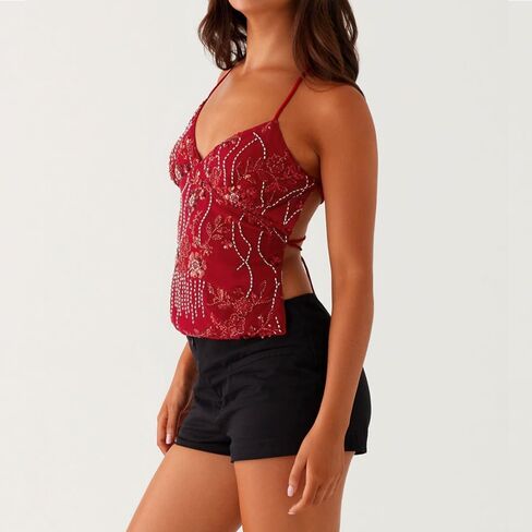 النساء متكررات Cami Top V الرقبة Backless Criss Cross Straps Tops Summer Out Out Clubwear in Kuwait