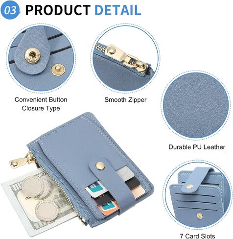 Small Credit Card Wallet Slim Wallet for Women and Men, PU Leather Minimalist Card Holder - 7 Card Slots & 1 ID Window & 1 Zipper Pocket, Blue in Saudi Arabia