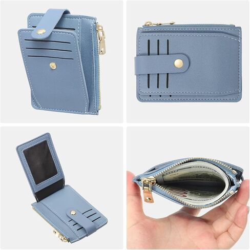 Small Credit Card Wallet Slim Wallet for Women and Men, PU Leather Minimalist Card Holder - 7 Card Slots & 1 ID Window & 1 Zipper Pocket, Blue in Saudi Arabia