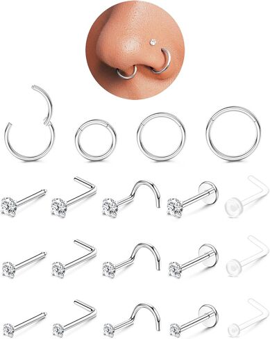 14K Gold Filled Nose Rings Studs Hoops for Women Men: 20G 18G 316L Surgical Stainless Steel Hypoallergenic Dainty Simulated Diamond L Shaped/Corkscrew/Straight/Push Back Nostril Piercing Jewelry in Saudi Arabia