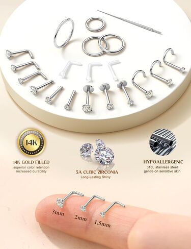 14K Gold Filled Nose Rings Studs Hoops for Women Men: 20G 18G 316L Surgical Stainless Steel Hypoallergenic Dainty Simulated Diamond L Shaped/Corkscrew/Straight/Push Back Nostril Piercing Jewelry in Saudi Arabia