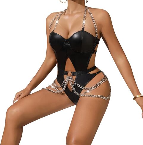 Women's wet look lingerie set with shiny diamond mesh tight chain backless leather bodysuit in Saudi Arabia