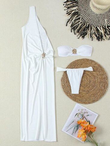 Verdusa Women's 3 Piece Elegant Swimwear Bikini Set Asymmetrical Swimsuit with One Shoulder Cover Up in Saudi Arabia