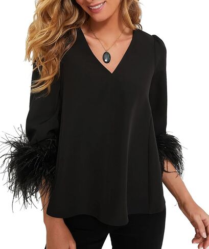 Women's Feather Blouse Party Top 3/4 Sleeve Cuff Casual V Neck Wedding Guest Cocktail Blouse T-Shirt in Saudi Arabia
