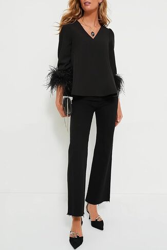 Women's Feather Blouse Party Top 3/4 Sleeve Cuff Casual V Neck Wedding Guest Cocktail Blouse T-Shirt in Saudi Arabia