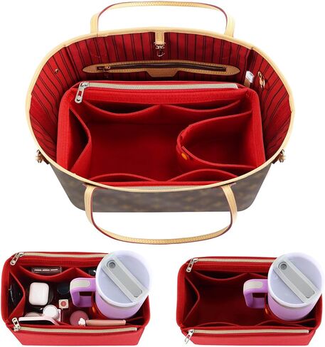 Tote Bag Purse Organizer Insert Pouches Fit for Neverful MM GM, Red Handbag Organizer with Water Bottle Holder Compatible with Stanley Cup, Purse Essentials Compartment Inserts Gifts for Women Large in Saudi Arabia