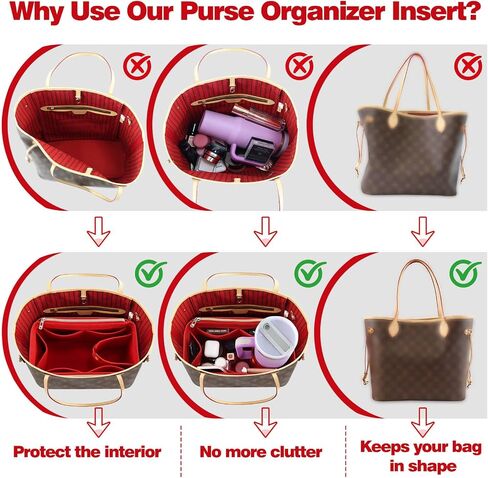 Tote Bag Purse Organizer Insert Pouches Fit for Neverful MM GM, Red Handbag Organizer with Water Bottle Holder Compatible with Stanley Cup, Purse Essentials Compartment Inserts Gifts for Women Large in Saudi Arabia