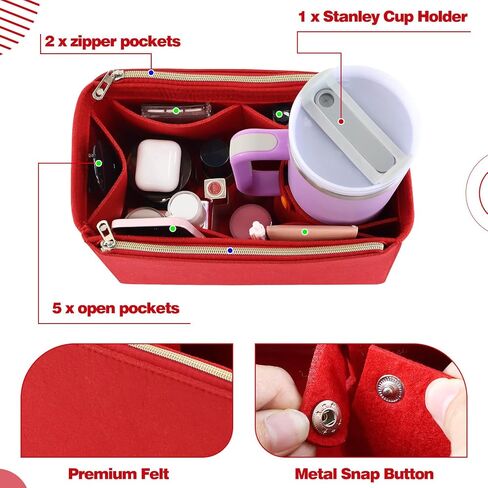 Tote Bag Purse Organizer Insert Pouches Fit for Neverful MM GM, Red Handbag Organizer with Water Bottle Holder Compatible with Stanley Cup, Purse Essentials Compartment Inserts Gifts for Women Large in Saudi Arabia