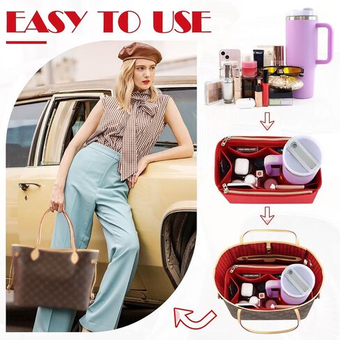 Tote Bag Purse Organizer Insert Pouches Fit for Neverful MM GM, Red Handbag Organizer with Water Bottle Holder Compatible with Stanley Cup, Purse Essentials Compartment Inserts Gifts for Women Large in Saudi Arabia