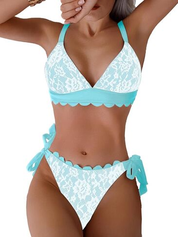 WODECASA Women's V Neck Triangle Bikini Sets Scalloped Trim Lace Two Piece Swimsuit Tie Side High Cut Thong Bathing Suit in Saudi Arabia
