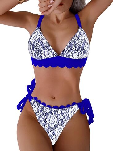 WODECASA Women's V Neck Triangle Bikini Sets Scalloped Trim Lace Two Piece Swimsuit Tie Side High Cut Thong Bathing Suit in Saudi Arabia
