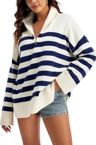 Womens Striped Oversized Sweaters Trendy Quarter Zip Long Sleeve Loose Knit Pullover Fall Color Block Casual Tops in Saudi Arabia