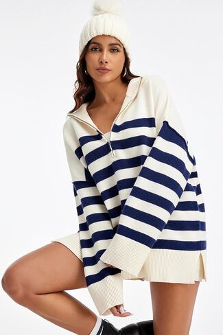 Womens Striped Oversized Sweaters Trendy Quarter Zip Long Sleeve Loose Knit Pullover Fall Color Block Casual Tops in Saudi Arabia
