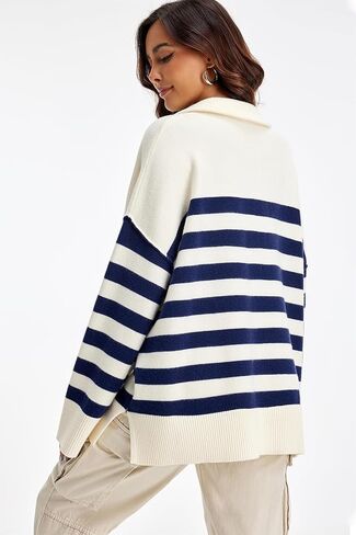 Womens Striped Oversized Sweaters Trendy Quarter Zip Long Sleeve Loose Knit Pullover Fall Color Block Casual Tops in Saudi Arabia