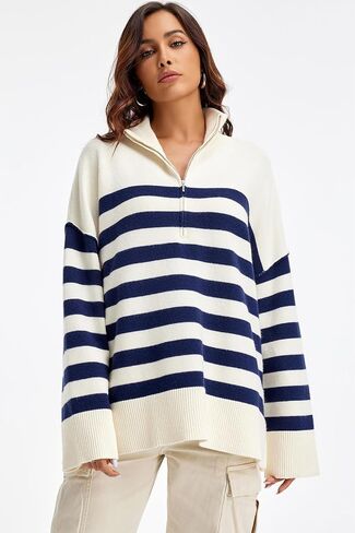 Womens Striped Oversized Sweaters Trendy Quarter Zip Long Sleeve Loose Knit Pullover Fall Color Block Casual Tops in Saudi Arabia