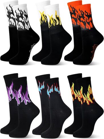 6 Pairs Women Flame Socks Fashion Men Fire Print Crew Socks Breathable Cotton Casual for Spring Sports in Kuwait