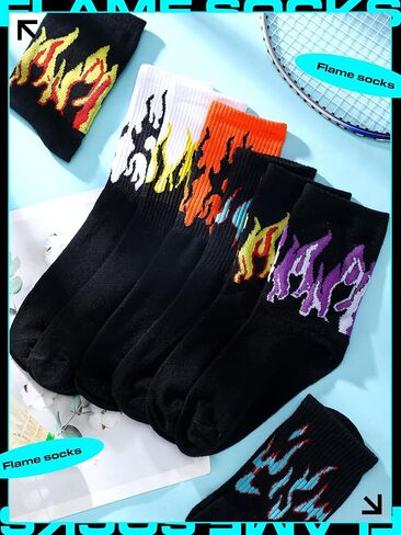 6 Pairs Women Flame Socks Fashion Men Fire Print Crew Socks Breathable Cotton Casual for Spring Sports in Kuwait