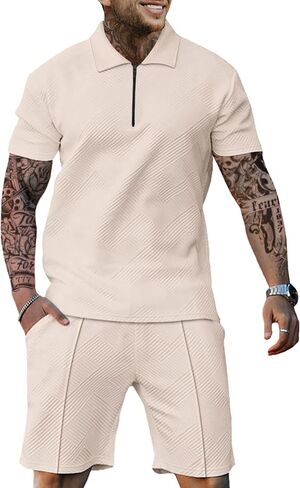 دعاوى مسار رجالي من قطعتين مجموعات قصيرة الأكمام ملابس التعرق 1/4 ZIP MENS ATHTICTIC ATHOCTIC THERFITS Summer Mens Outfits Summer in Saudi Arabia