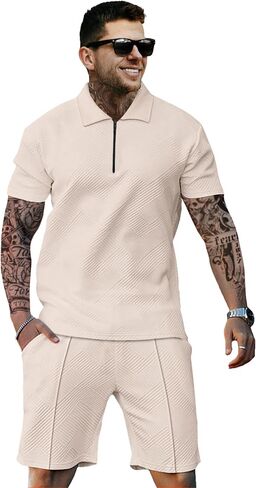 دعاوى مسار رجالي من قطعتين مجموعات قصيرة الأكمام ملابس التعرق 1/4 ZIP MENS ATHTICTIC ATHOCTIC THERFITS Summer Mens Outfits Summer in Saudi Arabia
