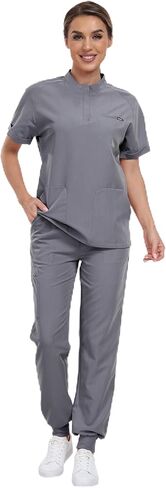 Agile Motion Scrubs for Women Set, Stylish Mandarin Collar Top & Jogger Pants, 8 Pockets Stretch Medical Uniform in Kuwait