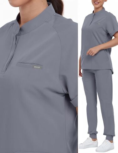 Agile Motion Scrubs for Women Set, Stylish Mandarin Collar Top & Jogger Pants, 8 Pockets Stretch Medical Uniform in Kuwait