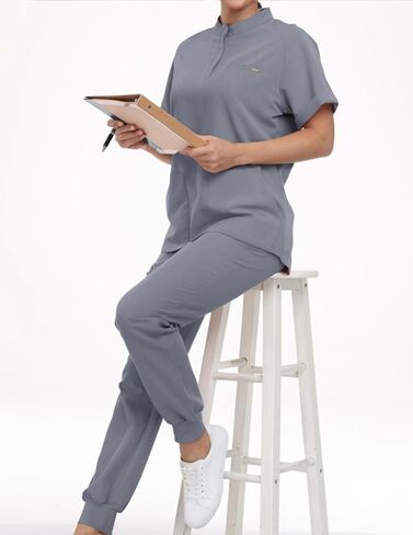 Agile Motion Scrubs for Women Set, Stylish Mandarin Collar Top & Jogger Pants, 8 Pockets Stretch Medical Uniform in Kuwait