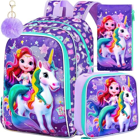 16 "حقيرة حورية البحر حقيبة ظهر للبنات ، 3pcs unicorn الأطفال حقيبة الكتب مع صندوق الغداء ， حقيبة الظهر المدرسية لرياض الأطفال في مرحلة ما قبل المدرسة (أرجواني) in Kuwait