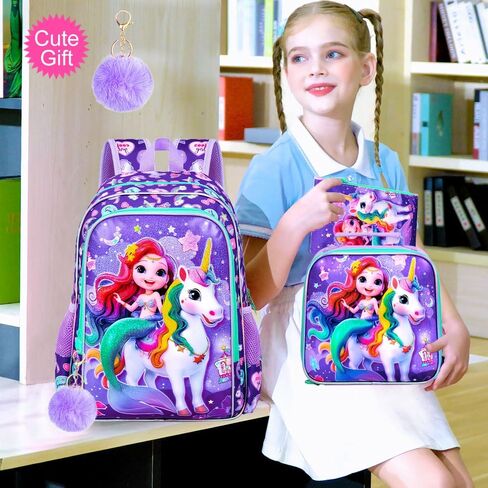 16 "حقيرة حورية البحر حقيبة ظهر للبنات ، 3pcs unicorn الأطفال حقيبة الكتب مع صندوق الغداء ， حقيبة الظهر المدرسية لرياض الأطفال في مرحلة ما قبل المدرسة (أرجواني) in Kuwait