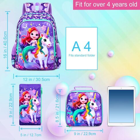 16 "حقيرة حورية البحر حقيبة ظهر للبنات ، 3pcs unicorn الأطفال حقيبة الكتب مع صندوق الغداء ， حقيبة الظهر المدرسية لرياض الأطفال في مرحلة ما قبل المدرسة (أرجواني) in Kuwait