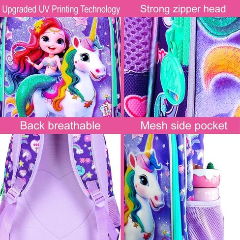 16 "حقيرة حورية البحر حقيبة ظهر للبنات ، 3pcs unicorn الأطفال حقيبة الكتب مع صندوق الغداء ， حقيبة الظهر المدرسية لرياض الأطفال في مرحلة ما قبل المدرسة (أرجواني) in Kuwait