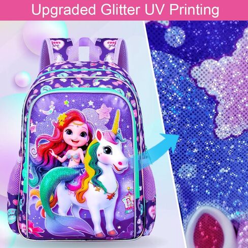 16 "حقيرة حورية البحر حقيبة ظهر للبنات ، 3pcs unicorn الأطفال حقيبة الكتب مع صندوق الغداء ， حقيبة الظهر المدرسية لرياض الأطفال في مرحلة ما قبل المدرسة (أرجواني) in Kuwait