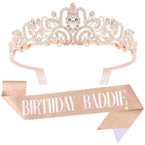 عيد ميلاد Baddie Sash و Crown Tiara - Black Glitter Sash with Gold Foil Birthdy Sash and Crown for Women Girls Funder Birthday Party Supplies Supplies Supplies