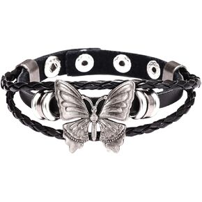 Aroncent Butterfly Leather Choker Bracelet: Multilayer Adjustable Black Leather Strap and Silver Butterfly Charm - Bohemian Vintage Punk Gothic Style for Women