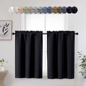 Black Cafe Blackout Curtains Tier 36 Inch Length 2 Panels, Soft Solid Thermal Insulated Room Darkening Small Kitchen Window Curtains Over Sink for Bathroom Basement, Black, Each 30" Wx36 L