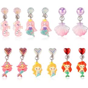 6 Pairs Colorful Clip On Drop Earrings, Sea Animal Clip On Earrings Mermaid Shell Seahorse Non-Pierced Clip On Princess Earrings for Dress Up Princess Jewelry Accessories