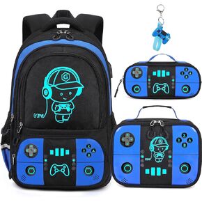 Bevalsa Backpack for School Boys, Cool Luminous Gamer Boys Backpack with Lunch Box & Pencil Pouch Set for Kids Children Teens Elementary Middle Schools, Schoolbag Bookbag Glow In The Dark (Blue)