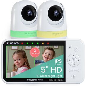 جهاز مراقبة الأطفال Babysense Prisma مع الكاميرا والصوت، جهاز مراقبة الأطفال بالفيديو عالي الدقة مقاس 5 بوصات مع كاميرتين، ضوء ليلي بـ 6 ألوان، شاشة مقسمة، جهاز صوت للأطفال مع ضوضاء بيضاء وتهويدات، آمن بدون واي فاي