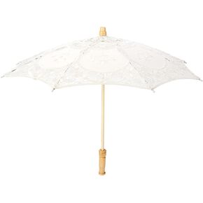 Lace Parasol Photoshoot Prop Stick Umbrella, White Handmade Lace Wedding Bride Photography Umbrella, Lace Flower Embroidery Parasol 11.0 in/20.9 in Sun Wedding Cosplay (L)