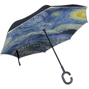 Van Gogh Starry Night Art Show ، مظلة سفر ذات طبقة مزدوجة مقلوبة مع مقبض C -shape لاستخدام السيارة ، ومظلات قابلة للطي وعكسية قابلة للطي للرجال والنساء.