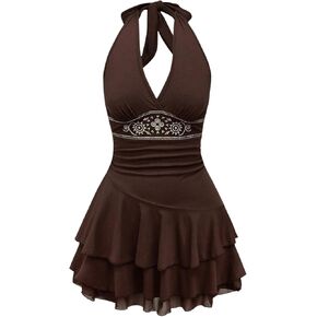 SOLY HUX Women's Summer Halter Backless Mini Dress Flowy Sleeveless V Neck Tie Back A Line Western Casual Sun Dresses in Kuwait