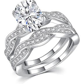 6CT Oval Engagement Rings for Women, Promise Wedding Cubic Zirconia White Gold Plated Band Set for Women, Size 5-10