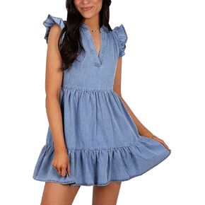 Denim Dress for Women Ruffle Short Sleeve V Neck Jean Mini Dress with Pockets