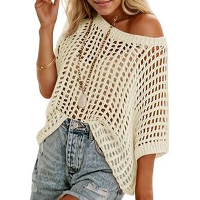Saodimallsu Womens Crochet Sweater Tops Batwing Short Sleeve Oversized Boat Neck Boho Knit Summer Beach Cover Ups