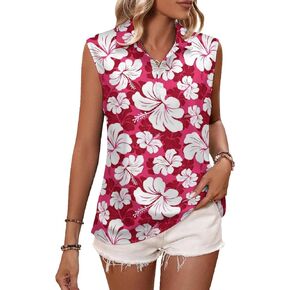 Womens Hibiscus Sleeveless Golf Shirt Athletic Tank Tops Ladies Casual Summer White Flower Pink Floral Golf Wear Polo Tennis Shirts for Women Large