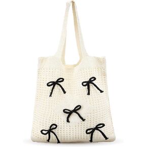 Bow Beach Bag Coquette Bow Tote Bag for Women Cute Preppy Shoulder Handbag for Girls Summer Beach Shopping