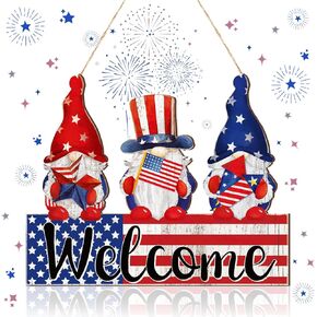 Wenqik 4th of July Welcome Door Sign Decoration Patriotic Gnome Wooden Hanging Decor Memorial Day American Flag Decor Independence Day Red Blue White Door Hanger for Front Door Porch Wall Outdoor