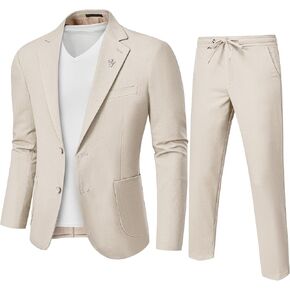 MY'S Men's 2 Pieces Linen Suit Slim Fit, Two Buttons Lightweight Jacket and Pants for Beach Wedding, Casual, or Summer Time
