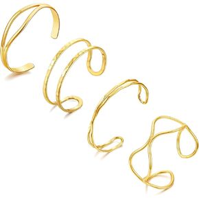 BROCC 4PCS 14K ذهبية مطلي بتكديس قابلة للتكديس مجموعة للنساء قابلة للتعديل سوار الكفة المفتوح معصم معصم رفيع الحد الأدنى من أساور الكفة الذهبية